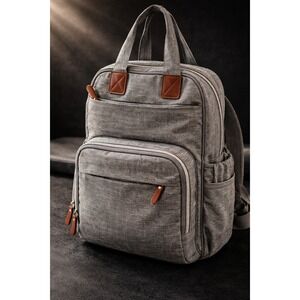 Trend Lab Gray Diaper Bag Backpack Heathered Fabric Brown Trim 178-60771